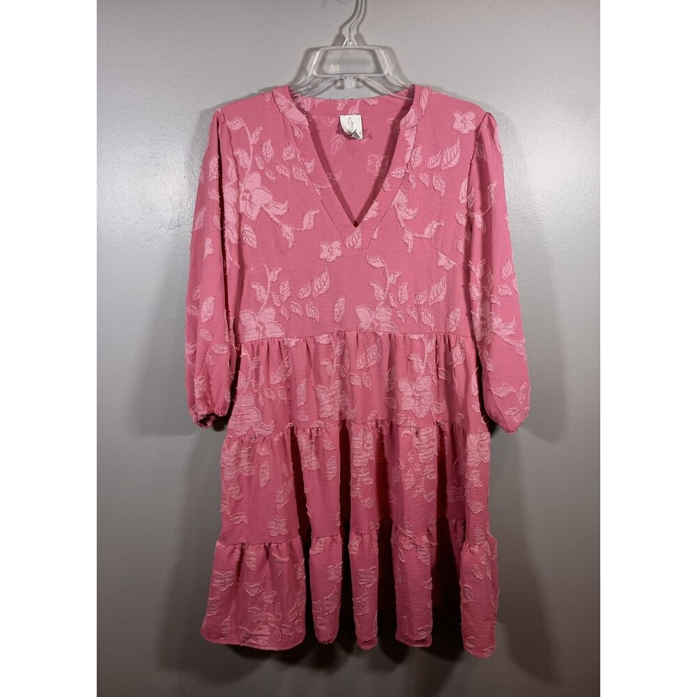 Joie Pink Floral Boho Textured Tiered Midi Dress V-Neck Long Sleeve Medium